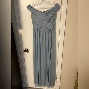 David's Bridal Off the Shoulder Dusty Blue Dress